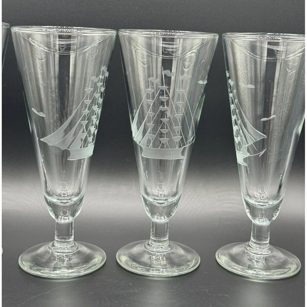 Vintage Etched Clipper Ship & Birds Pilsner Glasses Footed Beer Goblets Set 4